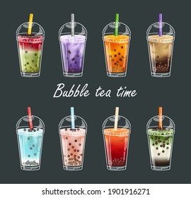 Bubble tea time flavors collection. Pearl milk tea , Boba milk tea, Yummy drinks, coffees with doodle style banner