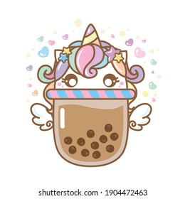 Bubble Tea Unicorn lover, boba tea with colorful heart, Cartoon Character. vector design, illustration.