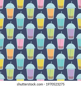 Bubble Tea with Various Flavors Seamless Pattern. Colorful Vector Graphic with Bubble Milk Tea with Tapioca Pearls. Vector Illustration of Pearl Milk Tea on Navy Blue Background.