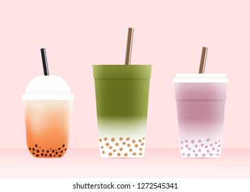 Bubble tea with various glasses in pastel color scheme vector illustration