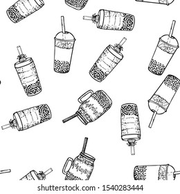 Bubble tea Vector Coloring Sheet or Pattern Background. Seamless Black and White Boba Tea Texture.