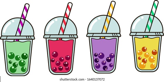 Bubble Tea Vector concept. Collection of four different drinks. Colorful cute bubble tea drink vector illustration. 