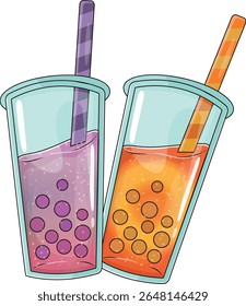 Chá de bolhas. Desenho vetorial de uma bebida para um logotipo, design. Copo de coquetel com palha. Bolas de tapioca em chá de bolha. Ilustração isolada em um fundo transparente