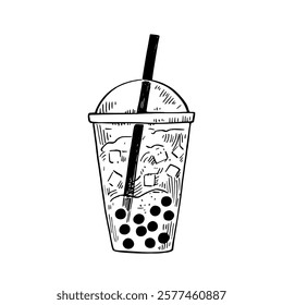 Bubble tea vector illustration in black and white sketchy ink style.