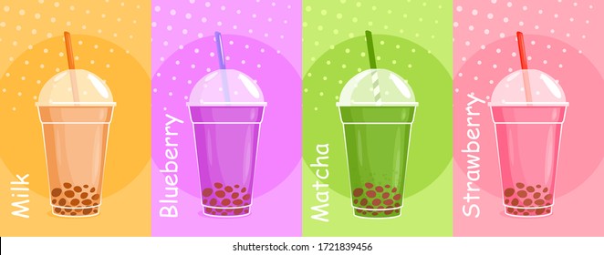 Bubble tea vector illustration set. Cartoon flat asian cold green matcha tea, sweet milk cocktail, berry milkshake. Delicious tea dessert, cafe menu background, summer cool beverage vertical banner
