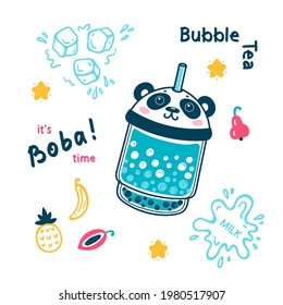 Bubble Tea Vector Menu Poster. Doodle Plastic Takeaway Cup Cute Panda Character. Summer Pearl Milk Beverage and Fruits, Ice Cubes, Splash of Milk. Boba tea Drink with Tapioca.