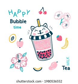 Bubble Tea Vector Menu Poster. Doodle Plastic Takeaway Cup Cute Katzenzeichen. Summer Pearl Milk Beverage und Früchte, Hibiscus und Jasmine Blumen. Boba Tee Drink mit Tapioca.