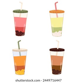 Bubble tea vector set. Collection bubble tea drinks in plastic glass. Boba drink with tapioca, modern taiwanese pearl dessert balls in liquid. Hand drawn style. Sticker design.