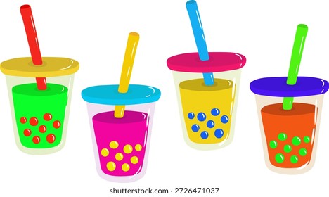 Bubble Tee Vektor-Set mit bunten Tapioka-Perlen in Plastikbechern mit Strohhalmen einzeln auf Weiß für Aufkleber Poster Café Menü Design