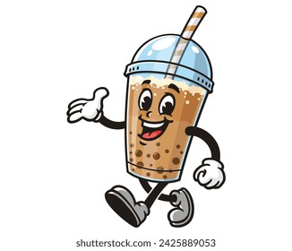 Té de burbuja estaba caminando tranquilamente mascota de dibujos animados ilustración de personaje vector clip art dibujado a mano