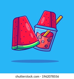 Bubble Tea and Watermelon Vector Cartoon Illustration. Bubble Tea and Fruit Icon Concept White Isolated. Flat Cartoon Style Suitable for Web Landing Page, Banner, Sticker, and Background