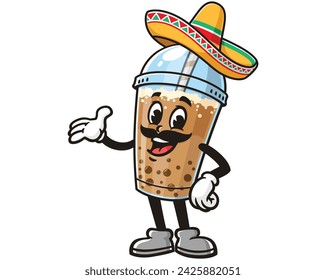 Bubble tea wearing a sombrero, Mexican hat cartoon mascot illustration character vector clip art hand drawn