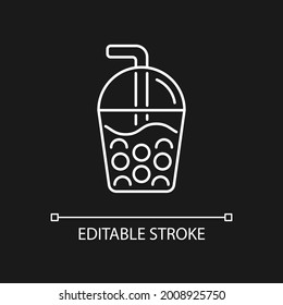 Bubble tea white linear icon for dark theme. Black tea with milk, ice and chewy tapioca pearls. Thin line customizable illustration. Isolated vector contour symbol for night mode. Editable stroke