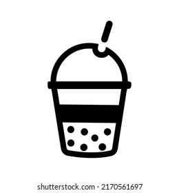 Bubble tea-hand drawn lettering. Black and white colors. Cup of boba with straw. Sweet dessert. Doodle art for logo, label, sticker, poster. Vector illustration in outline style