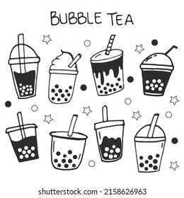 bubble tea-hand drawn lettering with set of bubble tea illustration. black and white colors. hand drawn vector. cup of boba with straw. sweet dessert. doodle art for logo, label, sticker, poster. 