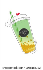 Bubble tea.Melon tea shaking with transparent green + orange colors. Popping balls Mango dancing with orange color and a mini heart. 