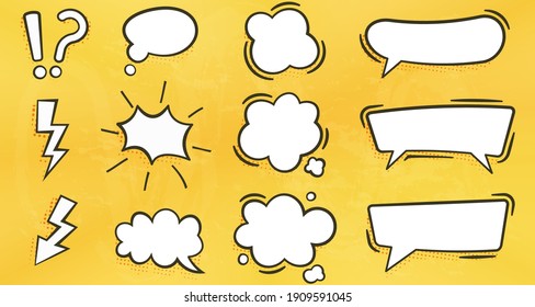 bubble text box for comic with yellow wall texture background, various shapes of flat empty bubble abstract icons. elements for posters, cards, banners, flyers.