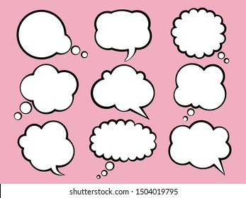 Bubble text boxes cartoon set vector eps10 illustration. Simple white color talking chat symbols on pink background. 