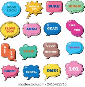 Bubble text for many text, usually for comic, communication, expression, etc. Sure, Xoxo, Good luck, what's up, bingo, I love you, okay, like this, bye bye, yeah, good morning, thanks, boom, sorry