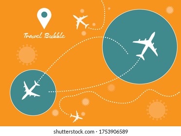 Bubble travel in bubble circle and airplane icon yellow background graphic vector art