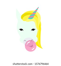 Bubble unicorn. Funny unicorn with horn and with a pink bubble gum. Crazy unicorn. Humor character t-shirt print composition, flat cartoon style print. Vector illustration.