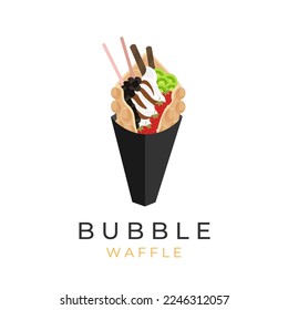 Bubble Waffle Ice Cream Illustration Logo With Fresh Fruit Topping And Wafer Roll