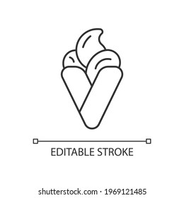 Bubble waffle ice cream linear icon. Street snack. Hong kong waffles. Cone-shaped pastry. Thin line customizable illustration. Contour symbol. Vector isolated outline drawing. Editable stroke