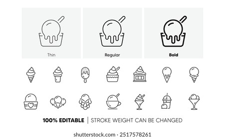 Waffle bolha, sundae baunilha, iogurte congelado. Conjunto de ícones de linha de sorvete. Doce sobremesa, milkshake com sorvete, ícones sundae. Bebida de smoothie, café congelado, bolacha de sorvete. Conjunto de ícones de linha. Vetor