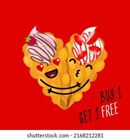 Bubble waffles in the shape of a heart on red background. Two Hong Kong waffles hugging each other. Cute kawaii bubble waffles with whipped cream. Creative concept offer for 14 February.