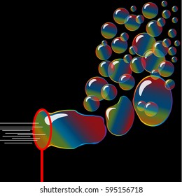 A bubble wand and rainbow-colored bubbles are featured in an abstract background illustration with ample space for text.