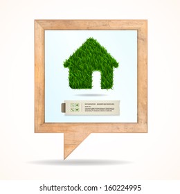 Bubble of wooden frame and green grass house symbol with vintage paper banner - Vector illustration