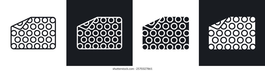 Bubble wrap icons vectors set in black. line and flat versions