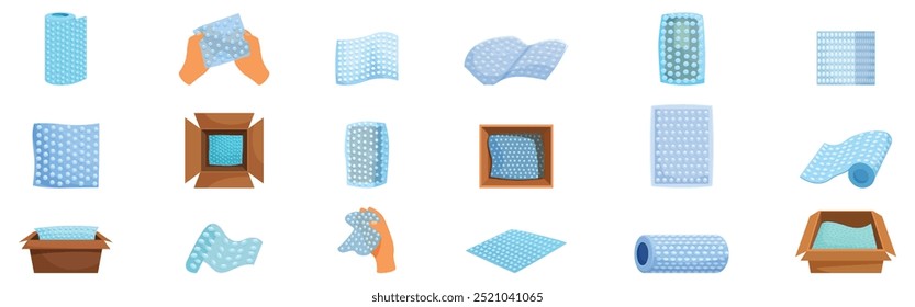 Bubble wrap package icons set. Set of bubble wraps in different positions, protecting goods inside cardboard boxes or simply displayed, ready to be used