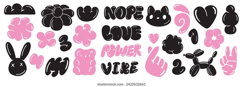 Bubble y2k sticker set, vector groovy playful shape kit, funky cute tattoo print, heart, bunny. Minimal funny balloon comic object, cartoon flowers, clouds, words, dog. Bubble sticker collection