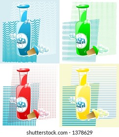 Bubble-bath bottles on four different backgrounds