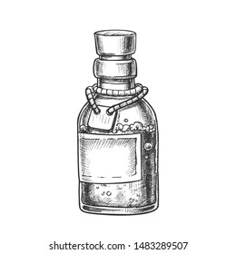 Bubbled Potion Elixir Bottle Monochrome Vector. Glass Bottle With Blank Label On Planted Yarn. Poisonous Liquid In Vial Template Hand Drawn In Vintage Style Black And White Illustration