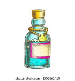 Bubbled Potion Elixir Bottle Vector. Glass Bottle With Blank Label On Planted Yarn. Poisonous Liquid In Vial Template Hand Drawn In Vintage Style Color Illustration