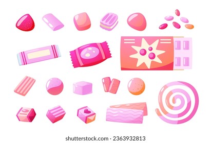 Bubblegum collection. Chewy sweet mint candy gumballs, cartoon gum flavor stick balls, mint dragee product. Vector isolated set. Refreshing breath, oral hygiene products, funny pink pads