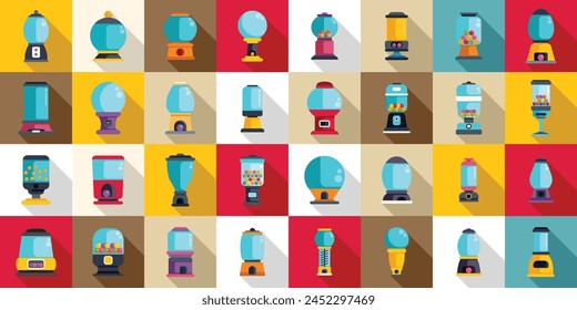 Iconos de la máquina de chicle conjunto Vector plano. Juguete de la venta. Comida de máquina tragamonedas