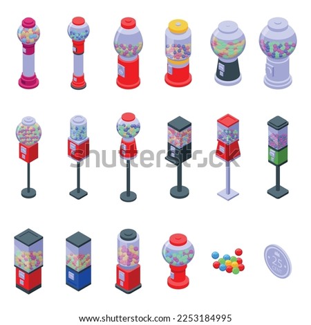 Bubblegum machine icons set isometric vector. Gum candy. Toy ball