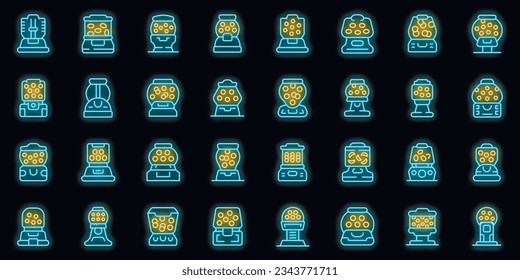 Bubblegum machine icons set outline vector. Candy gum. Ball toy neon color on black