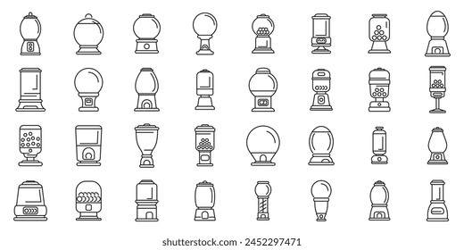 Iconos de la máquina de chicle establecen el Vector de contorno. Juguete de la venta. Comida de máquina tragamonedas