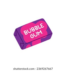 Bubblegum in package. Chewing bubble gum packaging. Sweet chewing candy. Vector illustration in cartoon style. Isolated white background.