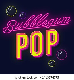 Bubblegum Pop Vintage 3d Vector Lettering. Retro Bold Font, Typeface. Pop Art Stylized Text. Old School Style Neon Light Letters. 90s, 80s Poster, Banner. Dark Violet Color Background