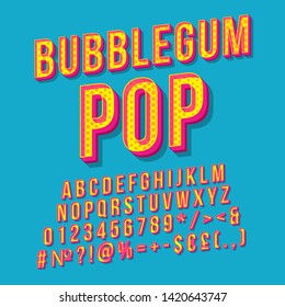 Bubblegum pop vintage 3d vector lettering. Retro bold font, typeface. Pop art stylized text. Old school style letters, numbers, symbols, elements. 90s, 80s poster, banner. Azure color background