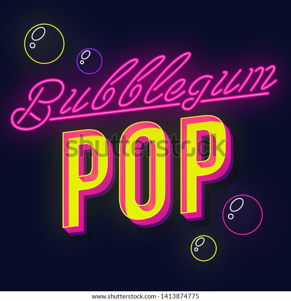 Bubblegum
pop vintage 3d vector lettering. Retro bold font, typeface. Pop art
stylized text. Old school style neon light letters. 90s, 80s
poster, banner. Dark violet color
background