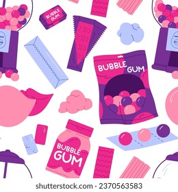 Bubblegum seamless pattern. Various sweet chewing candy: ball, stick, dragee, pillow, roll. Oral hygiene concept. Chewing gum collection. Vector illustration in cartoon style. Isolated background