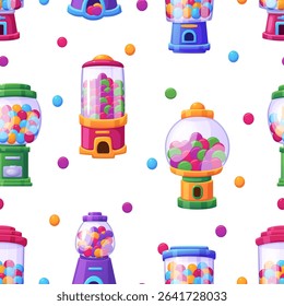 Bubblegum vending machine seamless pattern. Scattering of round multicolor chocolate dragee, sweety candies. Print design, vector background