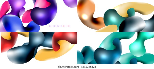 Bubbles abstract background set. Flying plastic style fluid shapes on white. Vector wallpapers