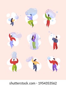 Bubbles active games. Funny water toys soap bubbles people playing attraction garish vector illustrations in flat style